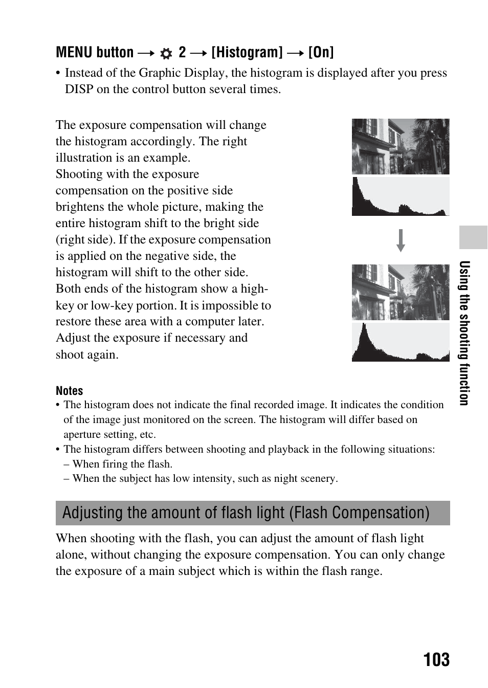 Adjusting the amount of flash light (flash, Compensation), On (103) | Sony a (alpha) SLT-A55VL User Manual | Page 103 / 203