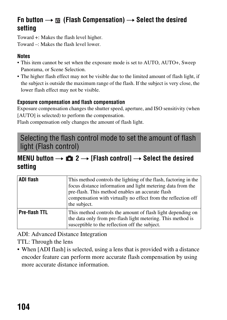 Flash light (flash control) | Sony a (alpha) SLT-A55VL User Manual | Page 104 / 203