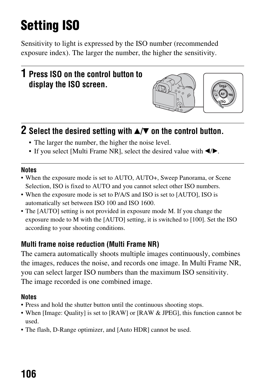 Setting iso, Iso (106) | Sony a (alpha) SLT-A55VL User Manual | Page 106 / 203