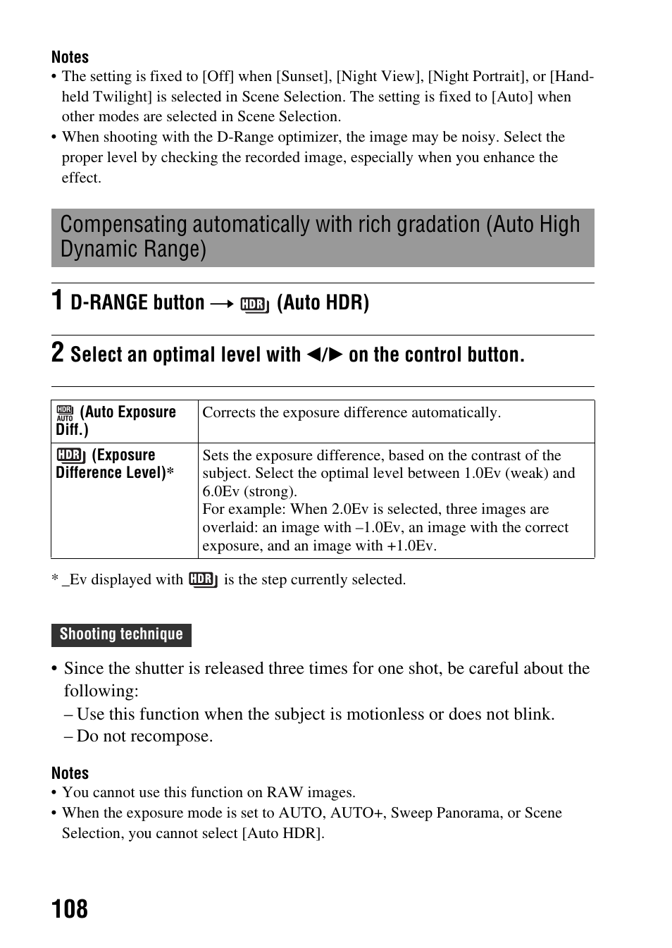 High dynamic range), D-range button t (auto hdr) | Sony a (alpha) SLT-A55VL User Manual | Page 108 / 203