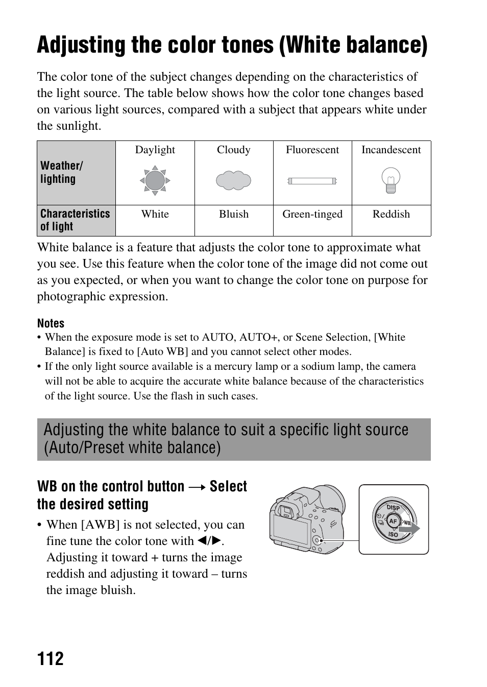 Adjusting the color tones (white balance), Auto/preset white balance), Ance (112) | Sony a (alpha) SLT-A55VL User Manual | Page 112 / 203