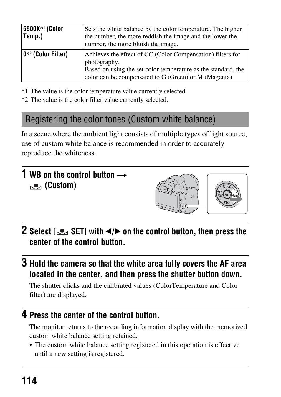 Registering the color tones (custom white balance) | Sony a (alpha) SLT-A55VL User Manual | Page 114 / 203