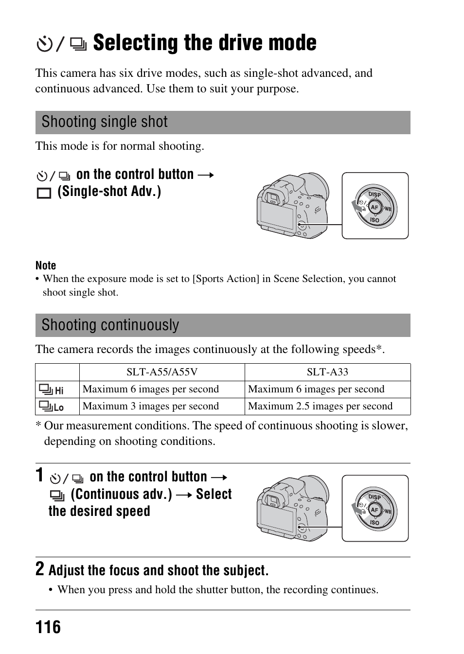 Selecting the drive mode, Shooting single shot, Shooting continuously | Shooting single shot shooting continuously, De (116) | Sony a (alpha) SLT-A55VL User Manual | Page 116 / 203