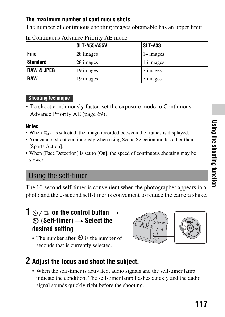 Using the self-timer, Mp (117), Adjust the focus and shoot the subject | Sony a (alpha) SLT-A55VL User Manual | Page 117 / 203