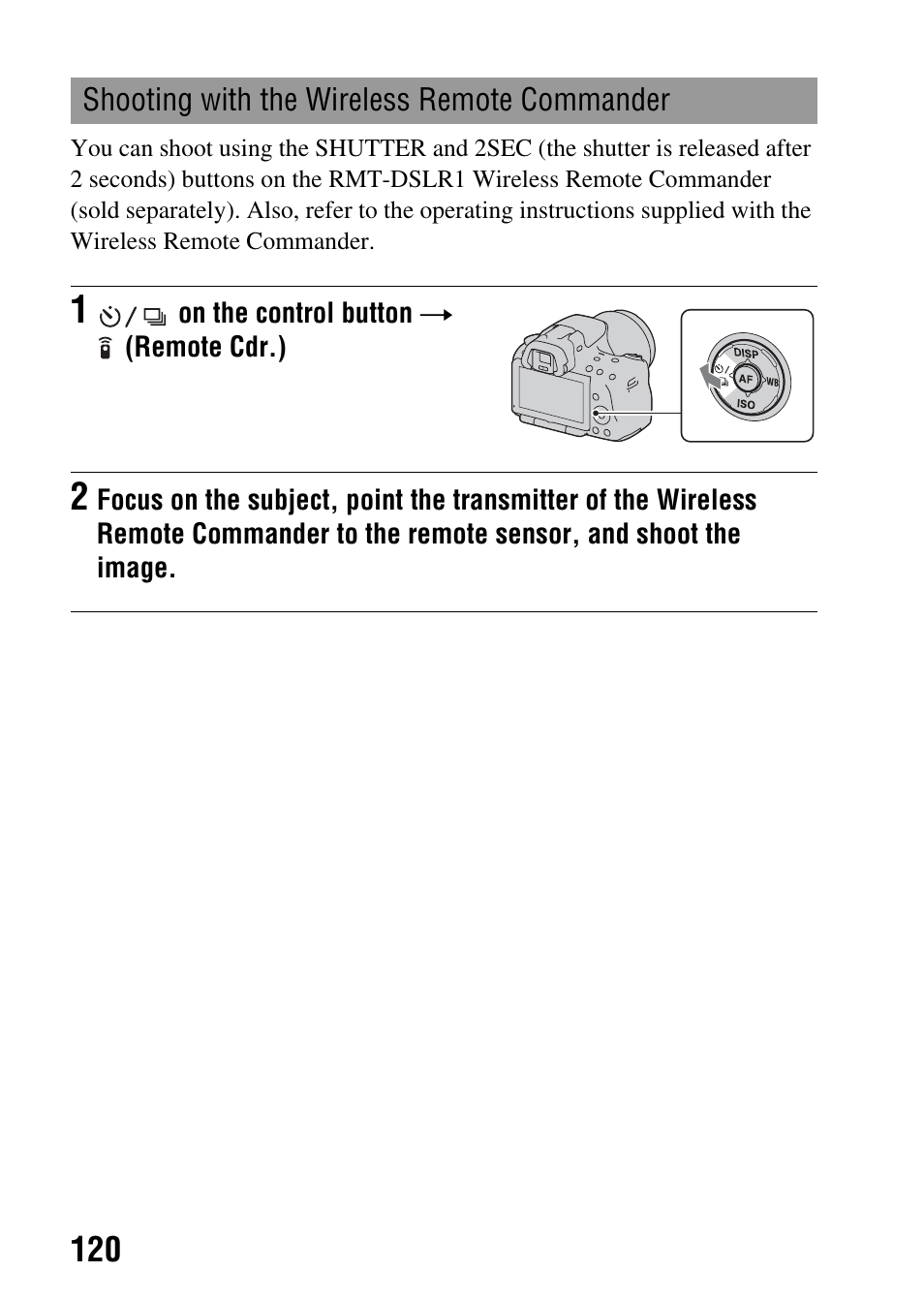 Shooting with the wireless remote commander | Sony a (alpha) SLT-A55VL User Manual | Page 120 / 203