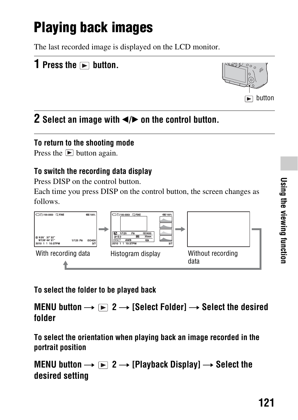 Using the viewing function, Playing back images, Tton (121) | R (121) | Sony a (alpha) SLT-A55VL User Manual | Page 121 / 203