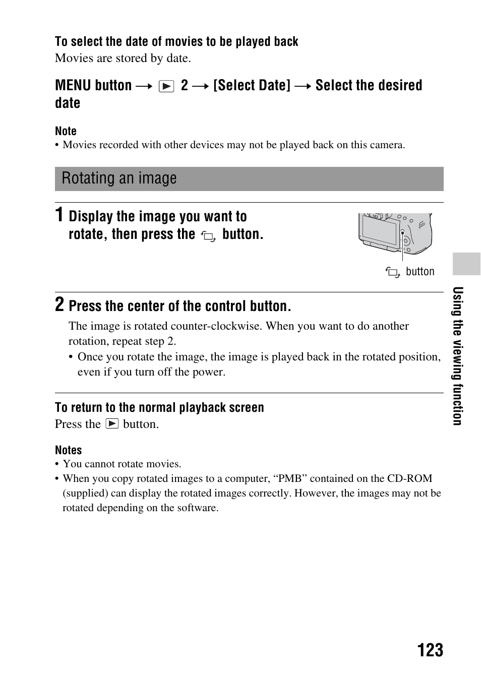 Tton (123), Rotating an image | Sony a (alpha) SLT-A55VL User Manual | Page 123 / 203