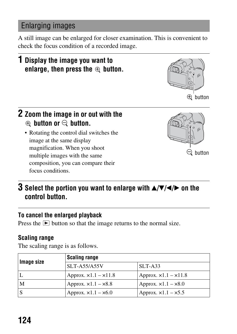 N (124), Enlarging images | Sony a (alpha) SLT-A55VL User Manual | Page 124 / 203