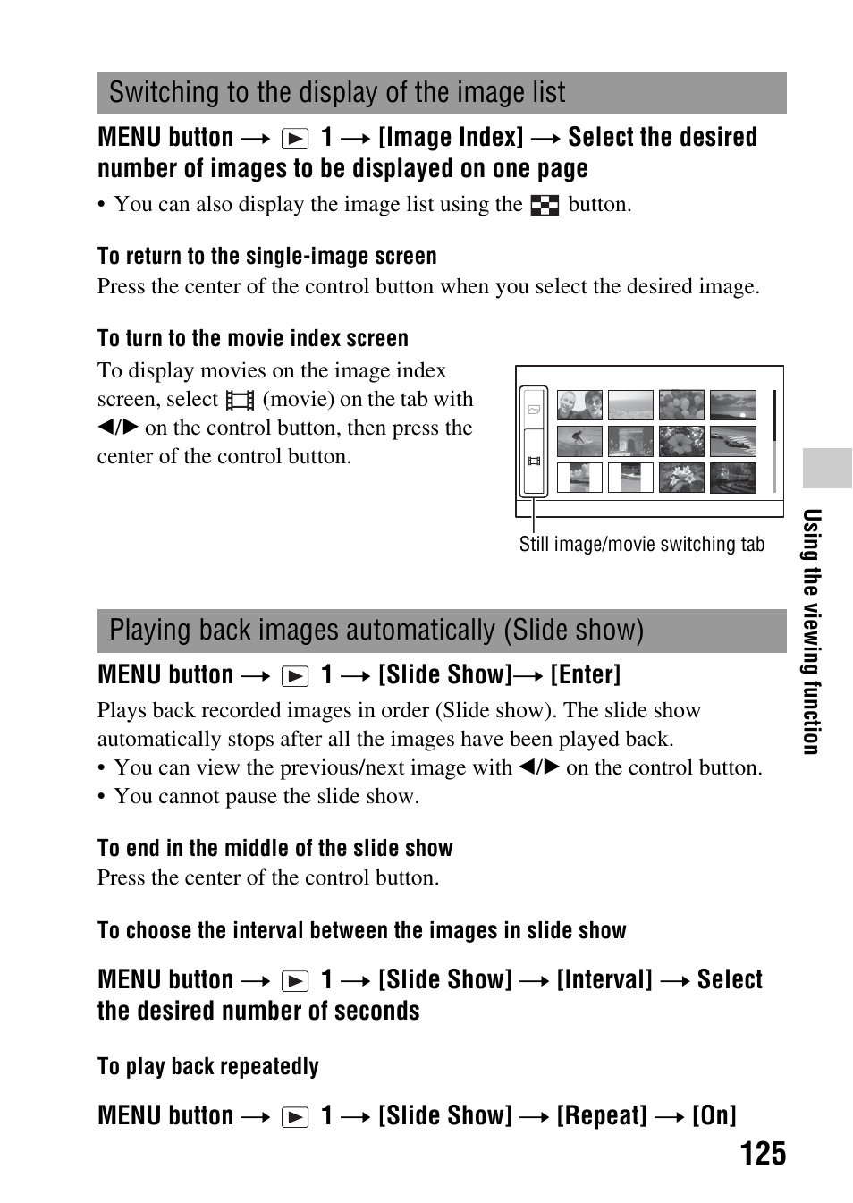 N (125), X (125), Switching to the display of the image list | Playing back images automatically (slide show) | Sony a (alpha) SLT-A55VL User Manual | Page 125 / 203