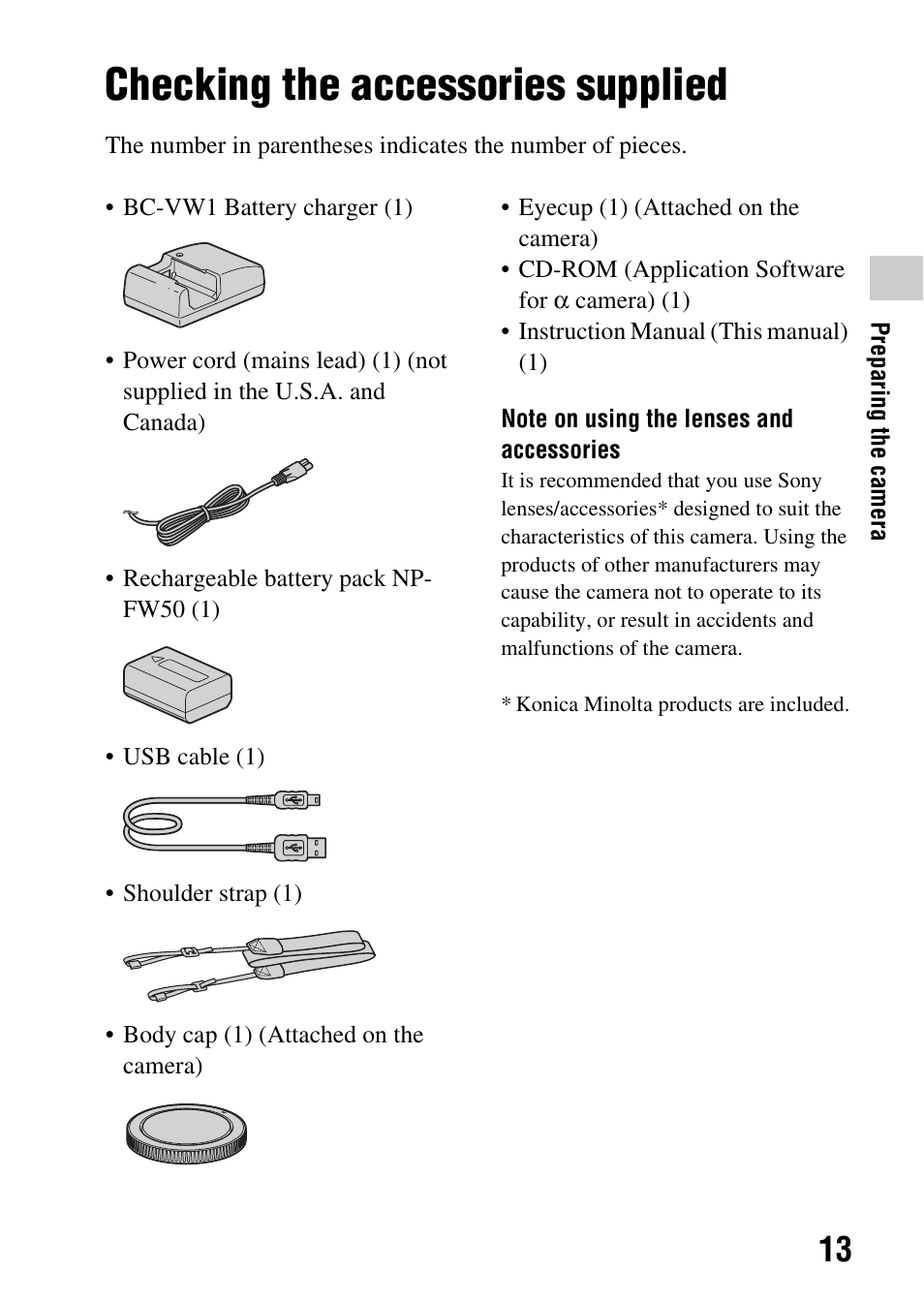 Preparing the camera, Checking the accessories supplied | Sony a (alpha) SLT-A55VL User Manual | Page 13 / 203