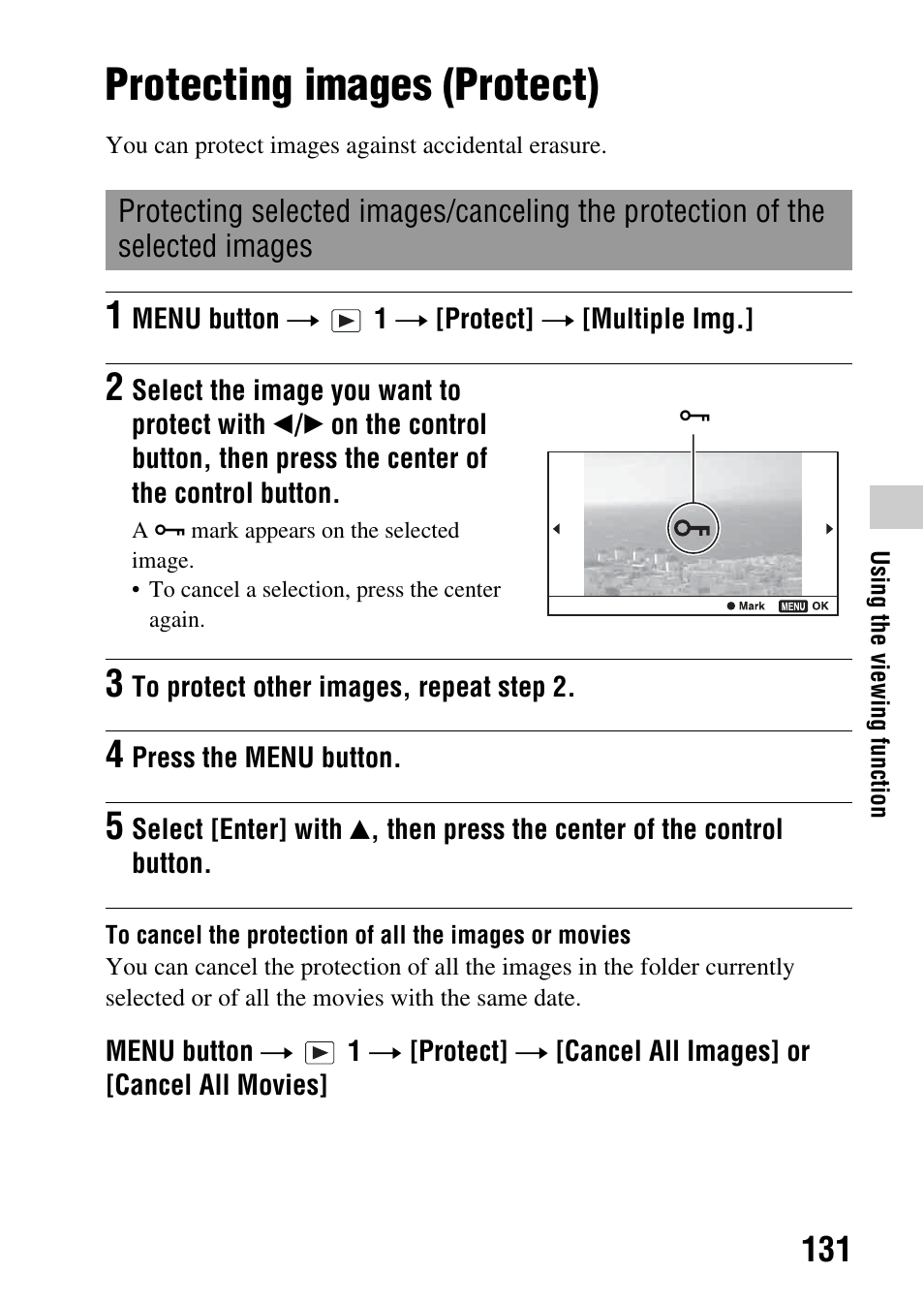 Protecting images (protect) | Sony a (alpha) SLT-A55VL User Manual | Page 131 / 203