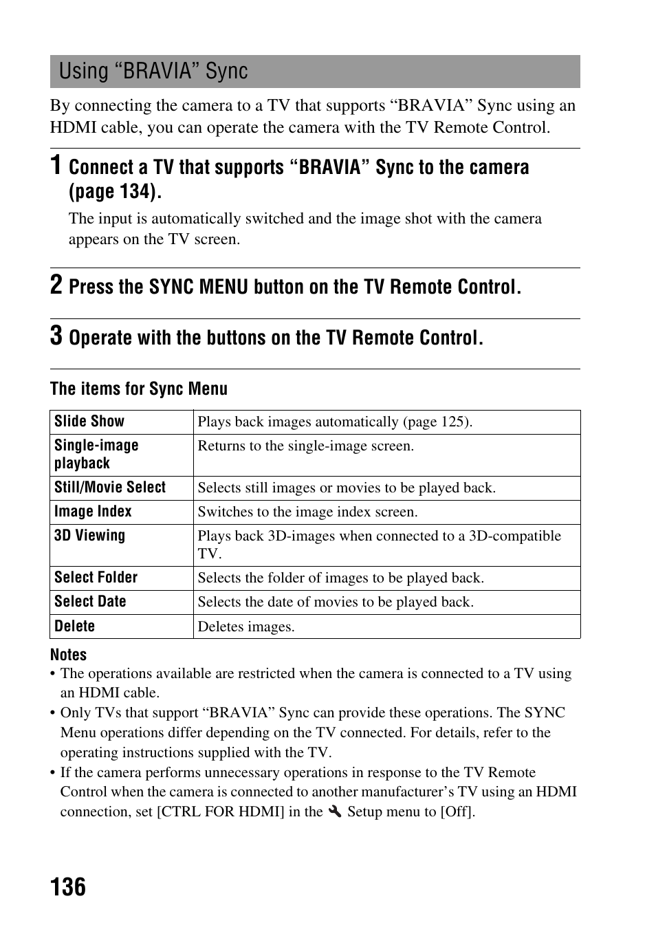 Using “bravia” sync, Operate with the buttons on the tv remote control | Sony a (alpha) SLT-A55VL User Manual | Page 136 / 203