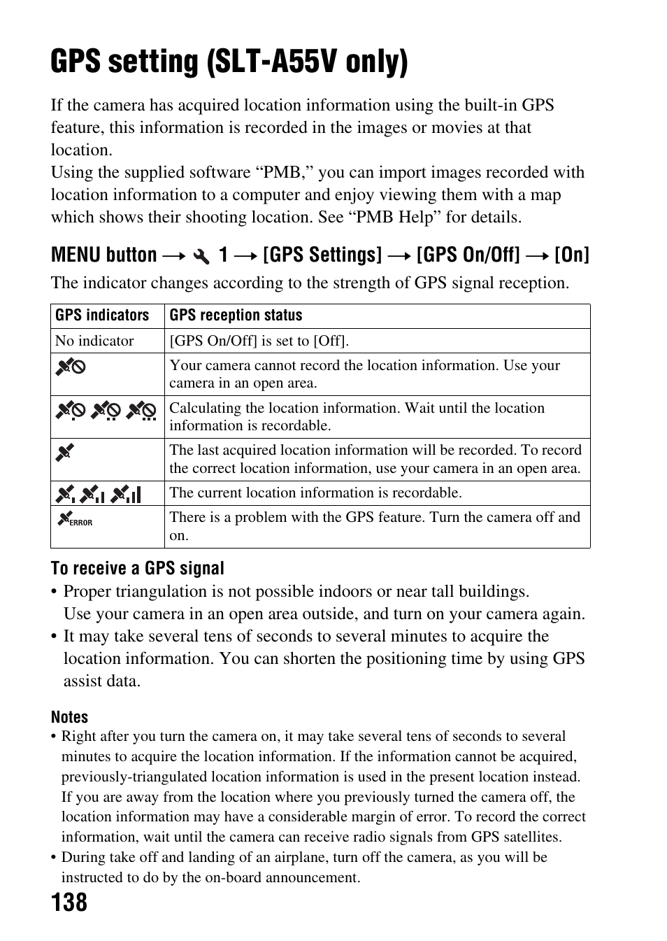 Changing your setup, Gps setting (slt-a55v only), 138) (slt | Ngs (138) | Sony a (alpha) SLT-A55VL User Manual | Page 138 / 203