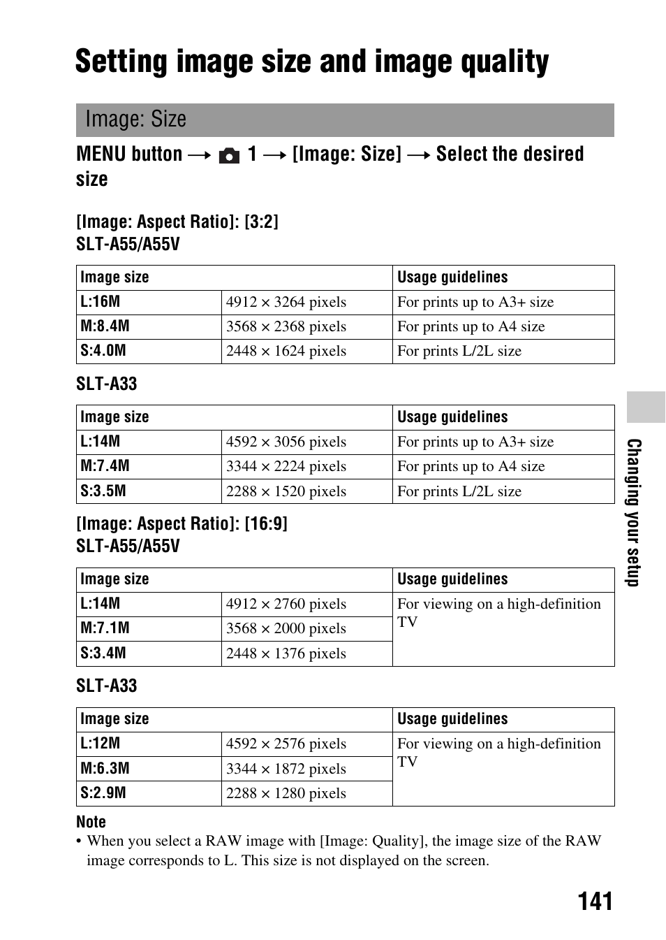 Setting image size and image quality, Image: size | Sony a (alpha) SLT-A55VL User Manual | Page 141 / 203