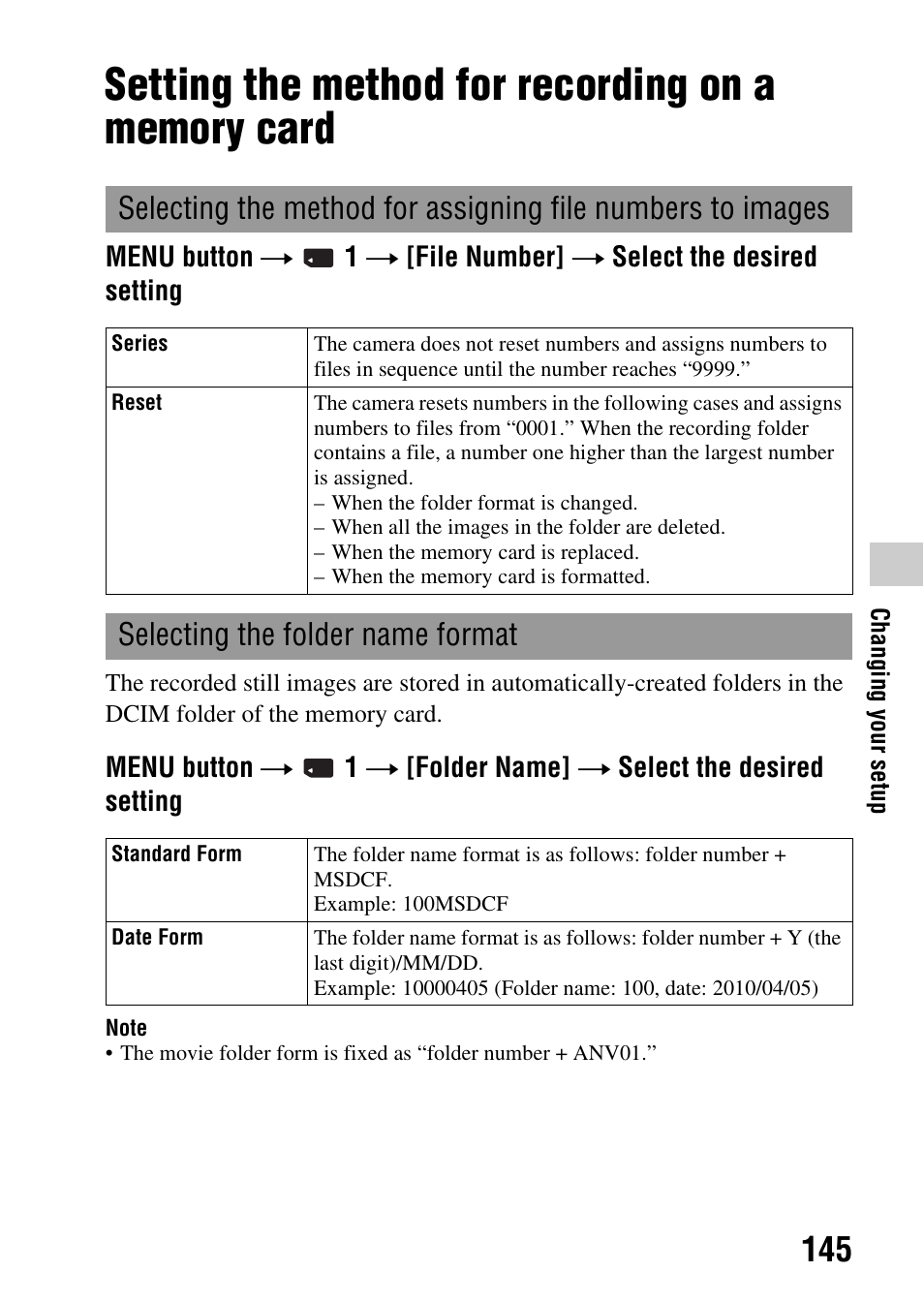 Setting the method for recording on a memory card, Selecting the folder name format | Sony a (alpha) SLT-A55VL User Manual | Page 145 / 203