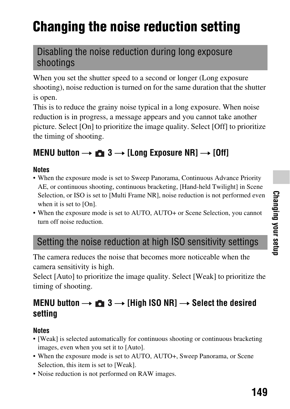 Changing the noise reduction setting | Sony a (alpha) SLT-A55VL User Manual | Page 149 / 203