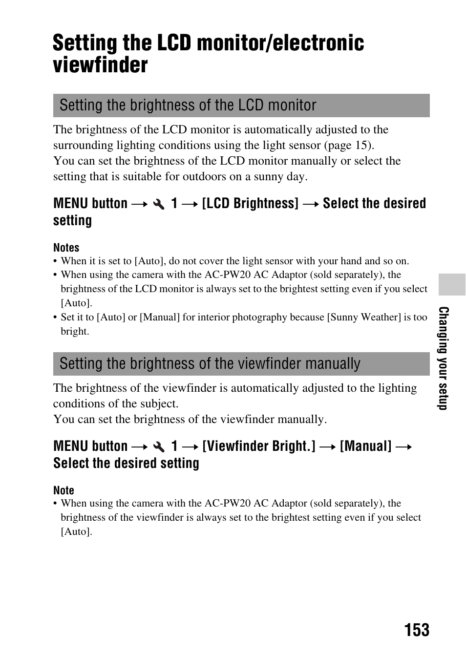 Setting the lcd monitor/electronic viewfinder, Ness (153) | Sony a (alpha) SLT-A55VL User Manual | Page 153 / 203