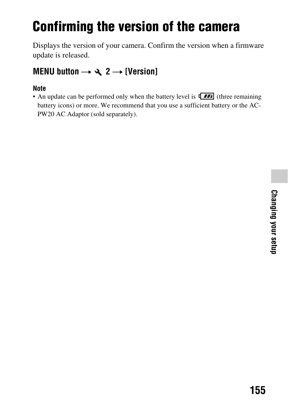 Confirming the version of the camera, Ion (155) | Sony a (alpha) SLT-A55VL User Manual | Page 155 / 203