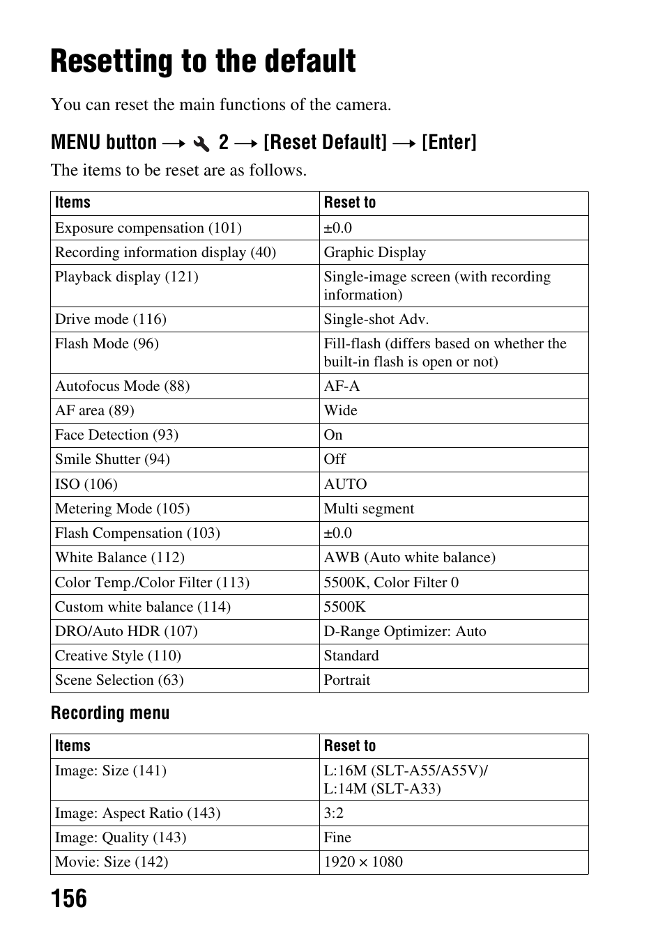 Resetting to the default, Menu button t 2 t [reset default] t [enter | Sony a (alpha) SLT-A55VL User Manual | Page 156 / 203