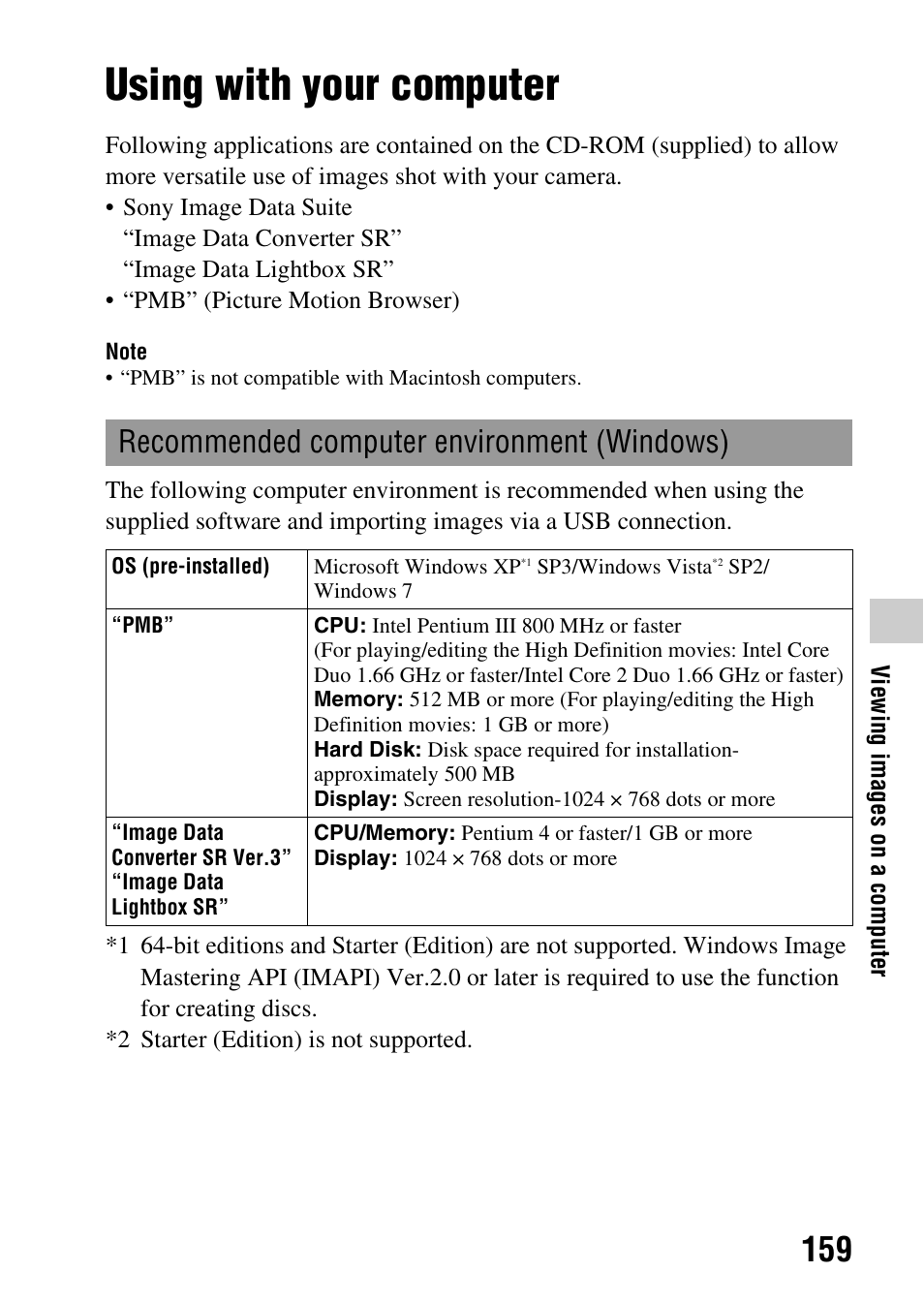 Viewing images on a computer, Using with your computer, Recommended computer environment (windows) | Sony a (alpha) SLT-A55VL User Manual | Page 159 / 203