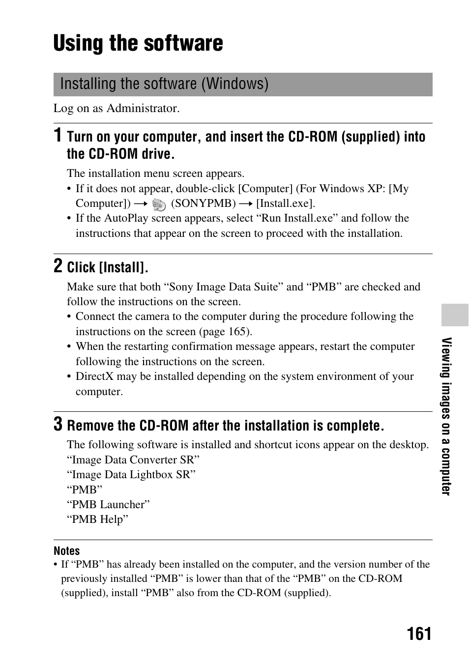 Using the software, Installing the software (windows) | Sony a (alpha) SLT-A55VL User Manual | Page 161 / 203