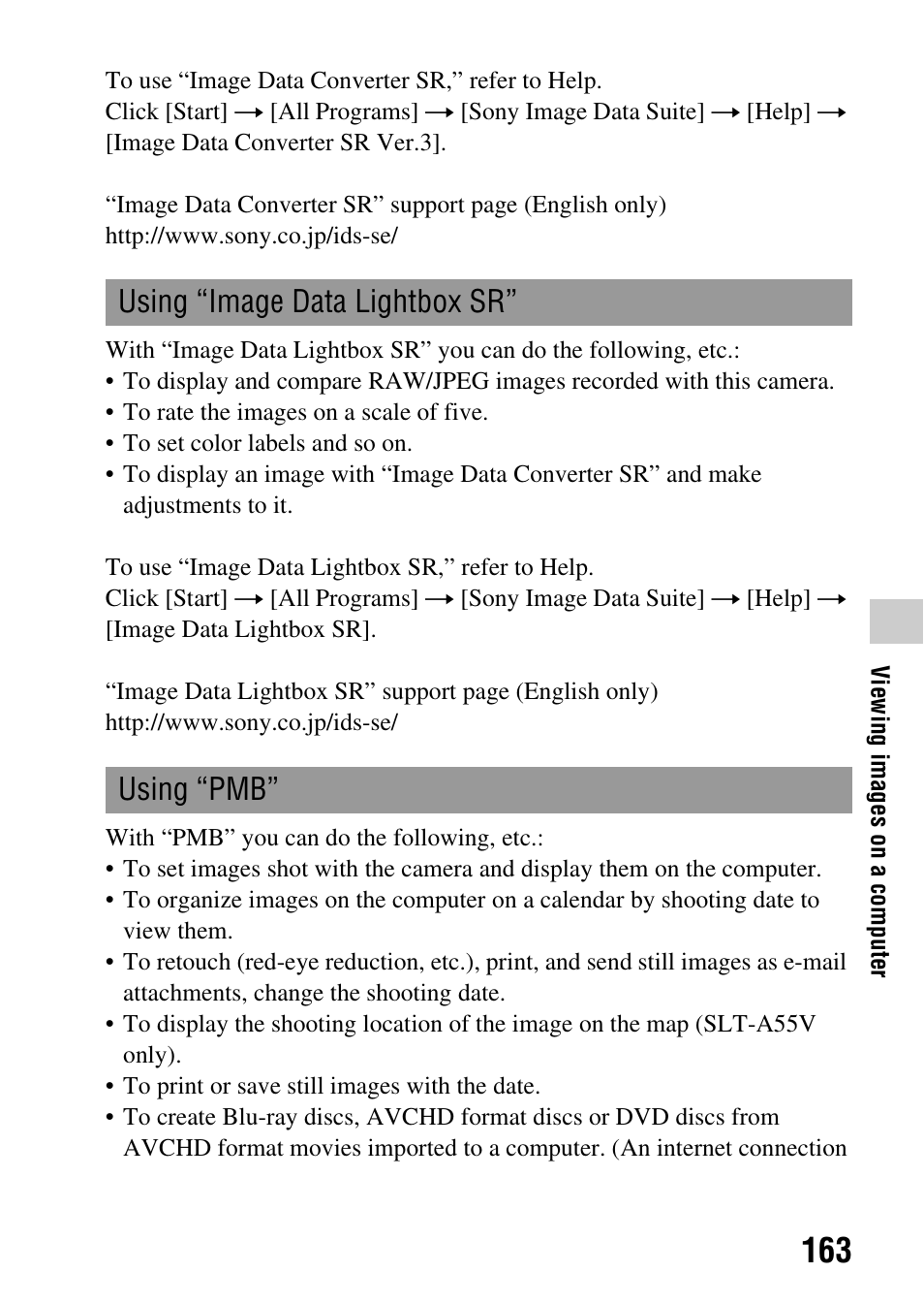 Using “image data lightbox sr” using “pmb | Sony a (alpha) SLT-A55VL User Manual | Page 163 / 203