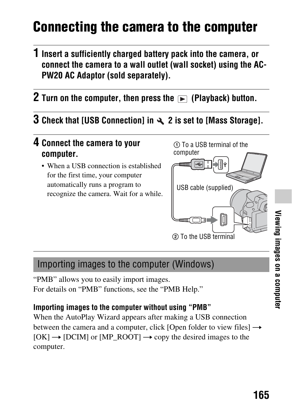 Connecting the camera to the computer, N (165) | Sony a (alpha) SLT-A55VL User Manual | Page 165 / 203