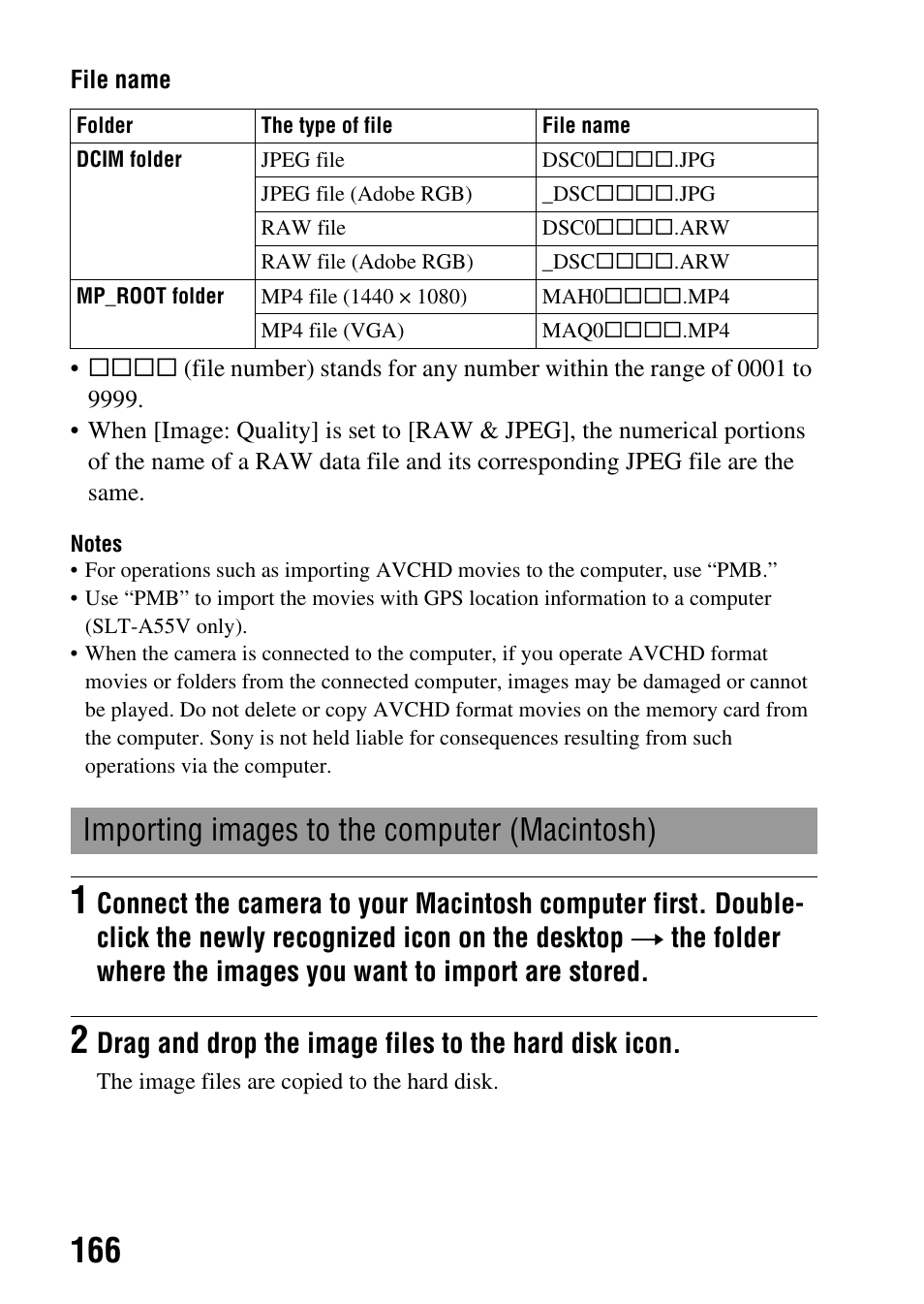 Importing images to the computer (macintosh) | Sony a (alpha) SLT-A55VL User Manual | Page 166 / 203