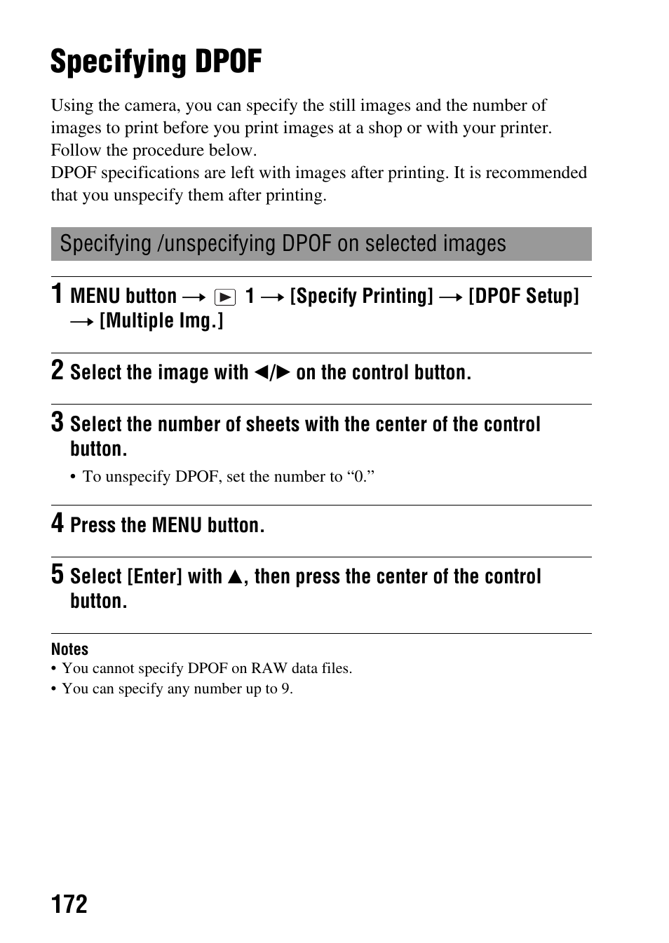 Printing images, Specifying dpof, Dpof set (172) | Sony a (alpha) SLT-A55VL User Manual | Page 172 / 203