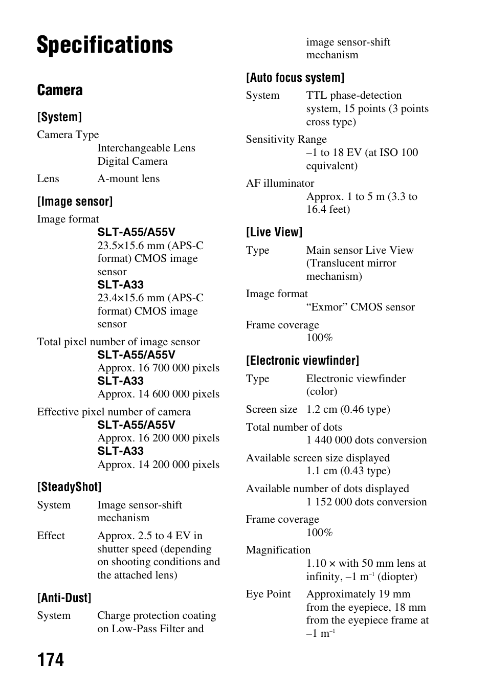 Others, Specifications, Camera | Sony a (alpha) SLT-A55VL User Manual | Page 174 / 203