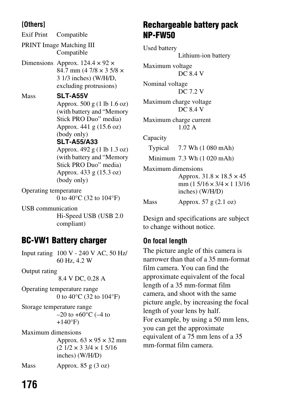 Bc-vw1 battery charger, Rechargeable battery pack np-fw50 | Sony a (alpha) SLT-A55VL User Manual | Page 176 / 203