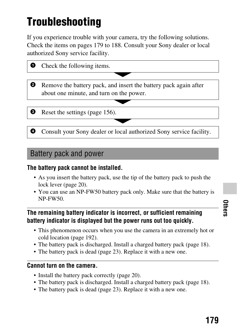 Troubleshooting, Battery pack and power | Sony a (alpha) SLT-A55VL User Manual | Page 179 / 203