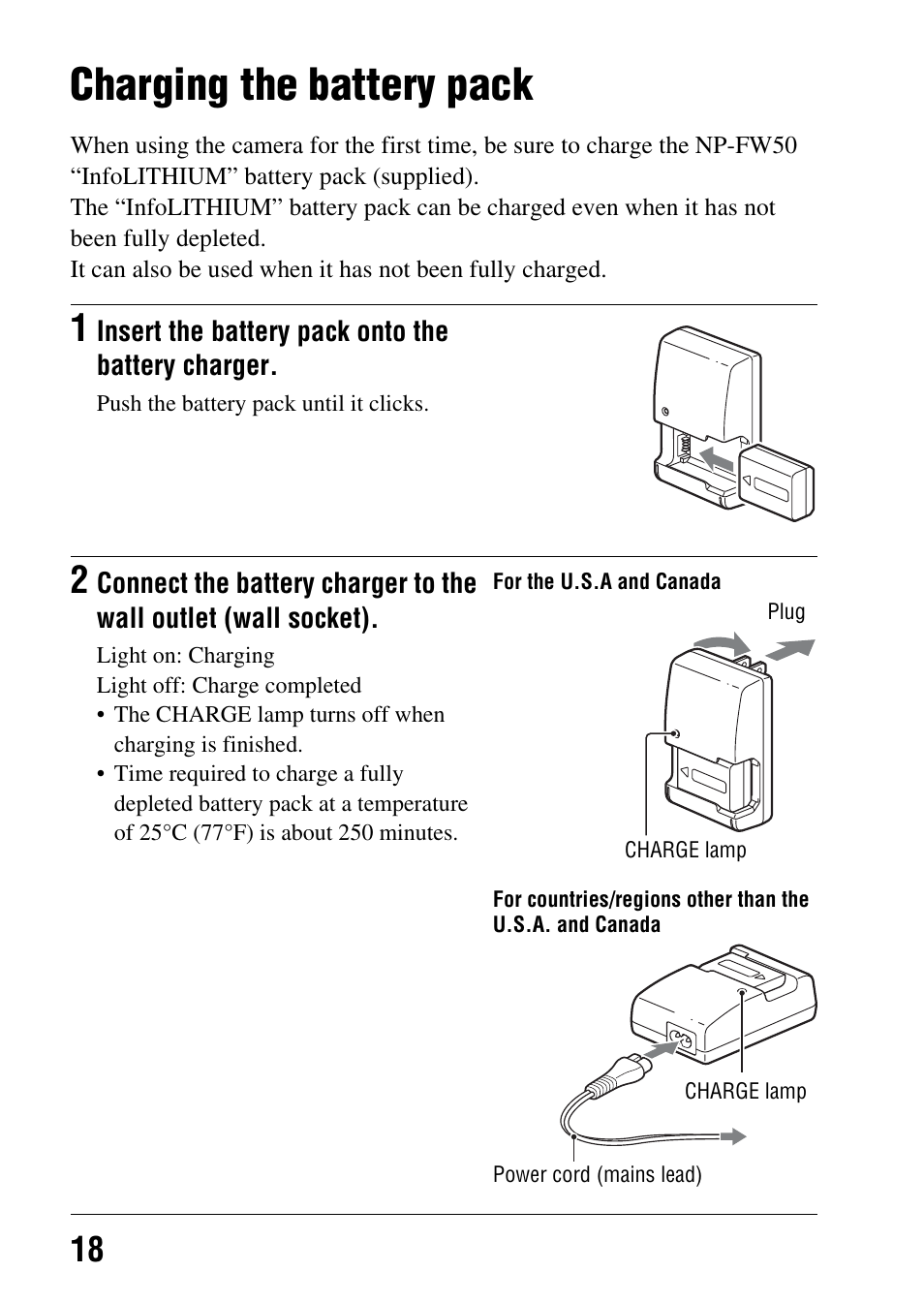 Charging the battery pack | Sony a (alpha) SLT-A55VL User Manual | Page 18 / 203