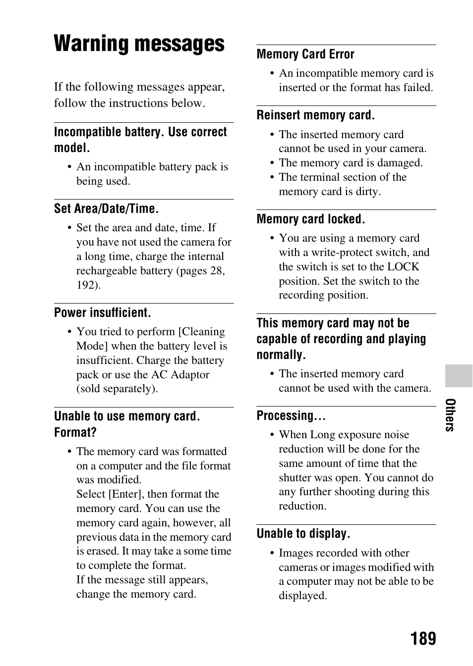 Warning messages | Sony a (alpha) SLT-A55VL User Manual | Page 189 / 203