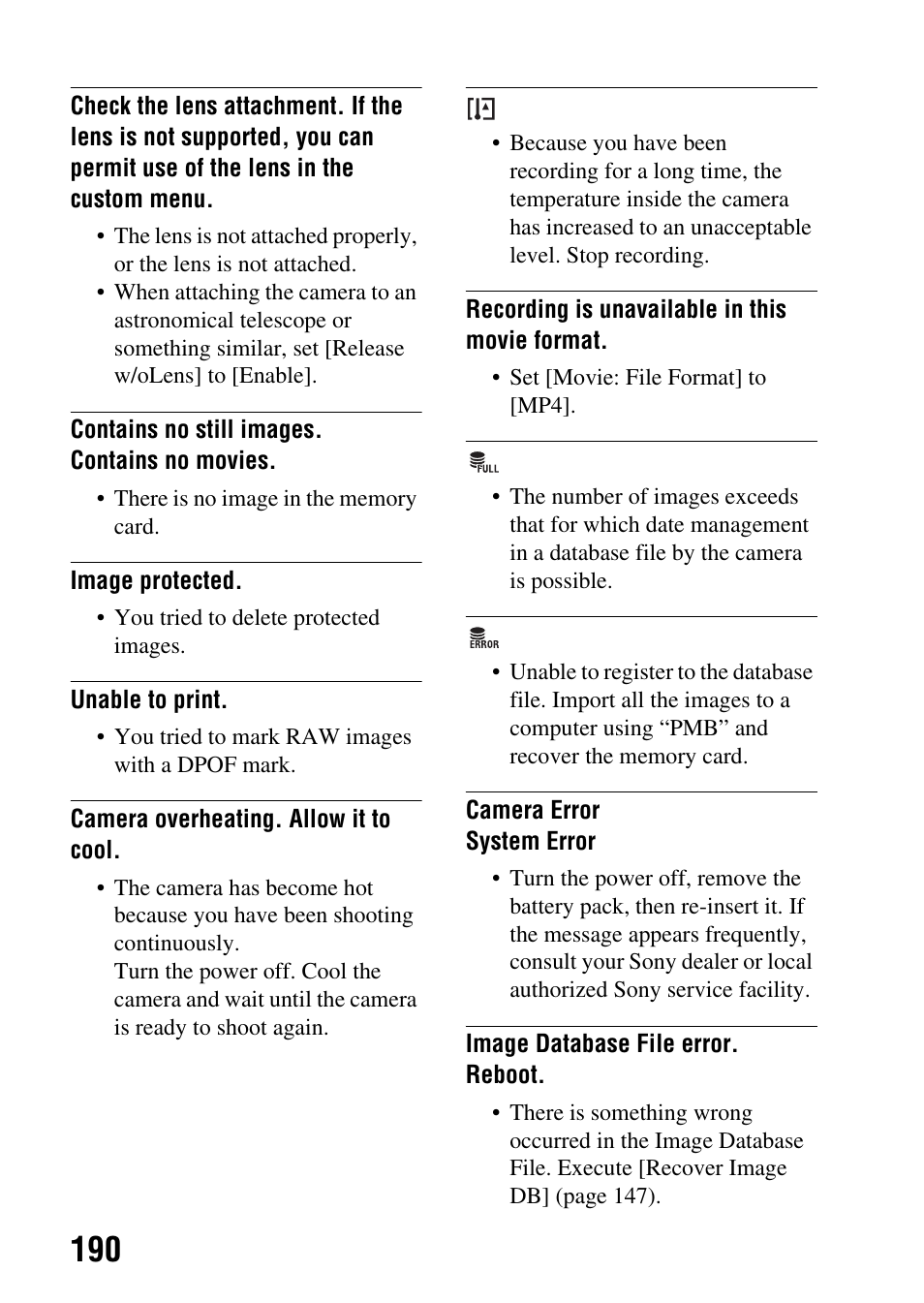 Rror (190), Ll (190) | Sony a (alpha) SLT-A55VL User Manual | Page 190 / 203