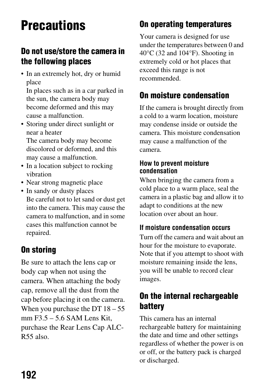 Precautions | Sony a (alpha) SLT-A55VL User Manual | Page 192 / 203