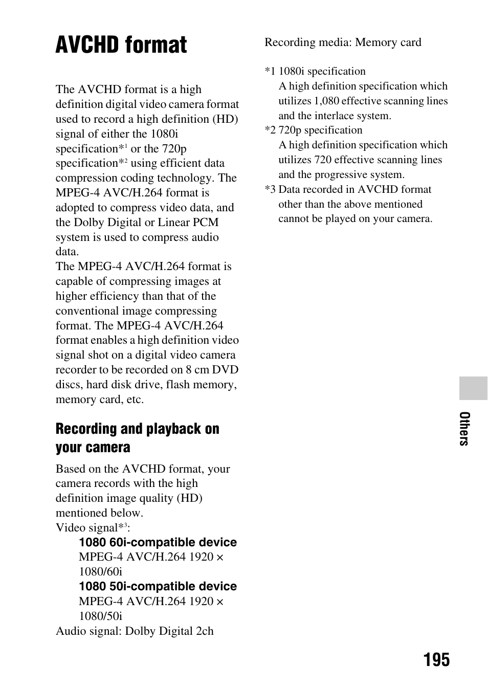 Avchd format, Recording and playback on your camera | Sony a (alpha) SLT-A55VL User Manual | Page 195 / 203