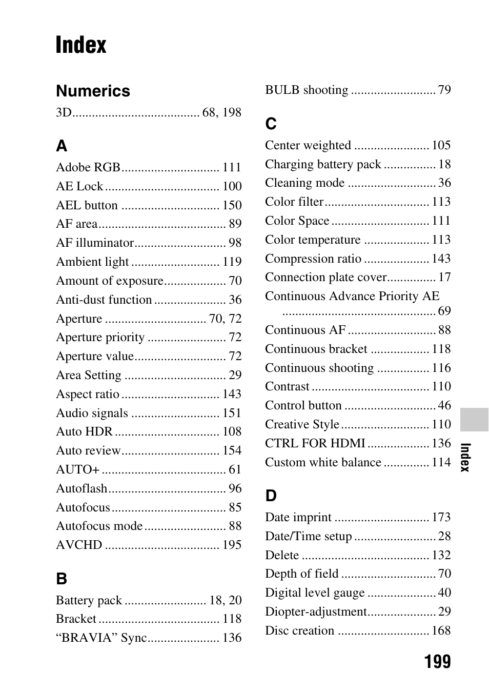 Index, Numerics | Sony a (alpha) SLT-A55VL User Manual | Page 199 / 203