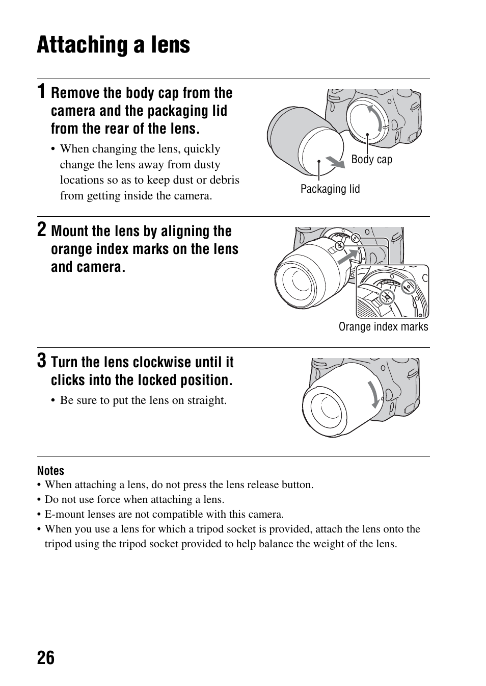 Attaching a lens | Sony a (alpha) SLT-A55VL User Manual | Page 26 / 203