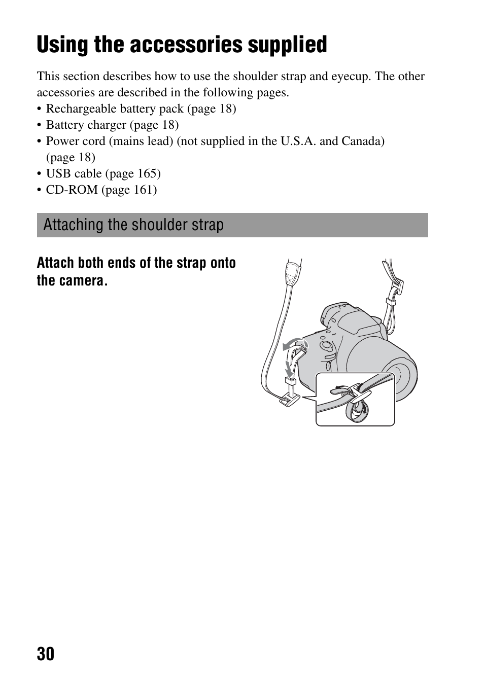 Using the accessories supplied, Lder strap (30) | Sony a (alpha) SLT-A55VL User Manual | Page 30 / 203