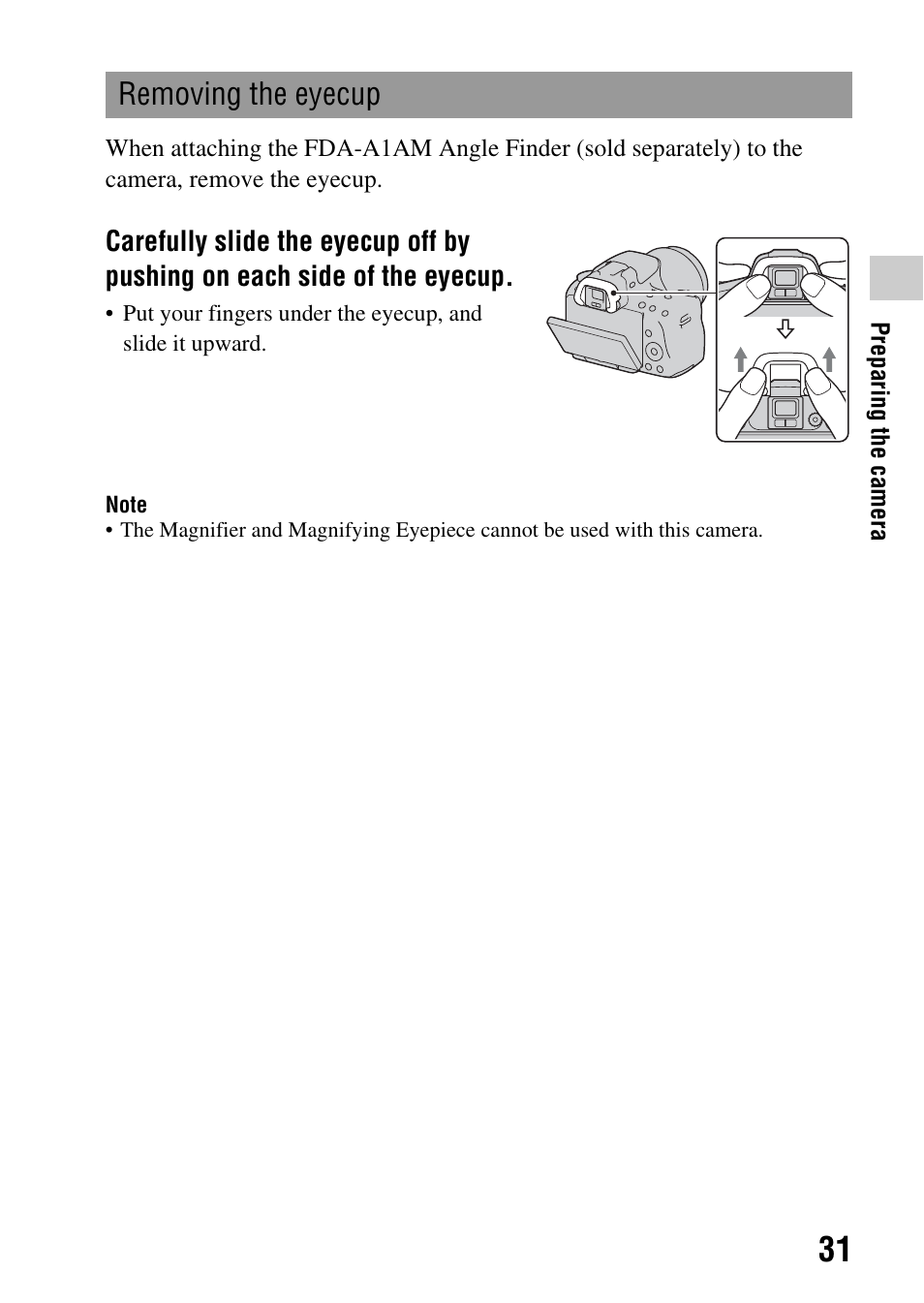 Removing the eyecup | Sony a (alpha) SLT-A55VL User Manual | Page 31 / 203