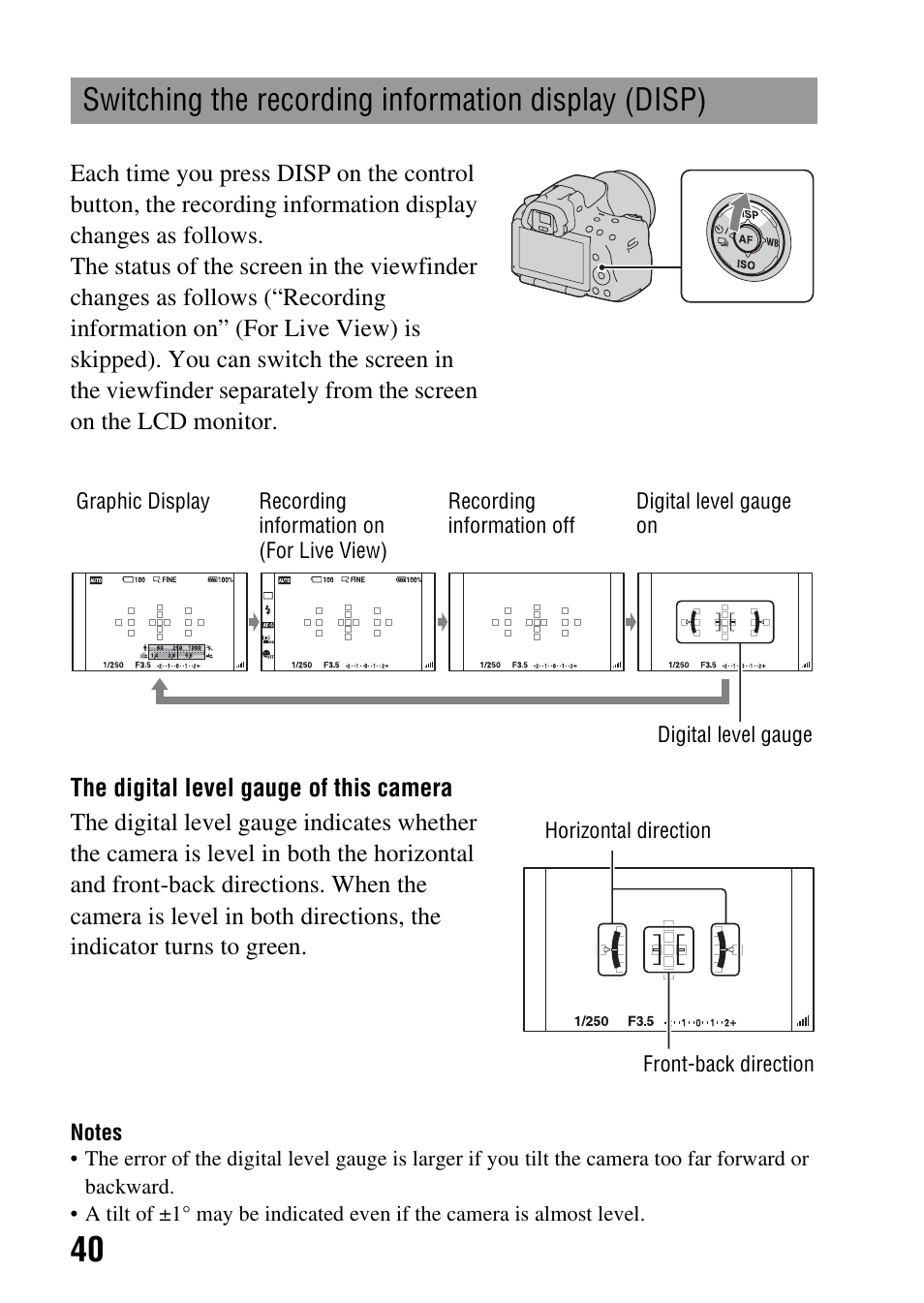 Switching the recording information display (disp) | Sony a (alpha) SLT-A55VL User Manual | Page 40 / 203