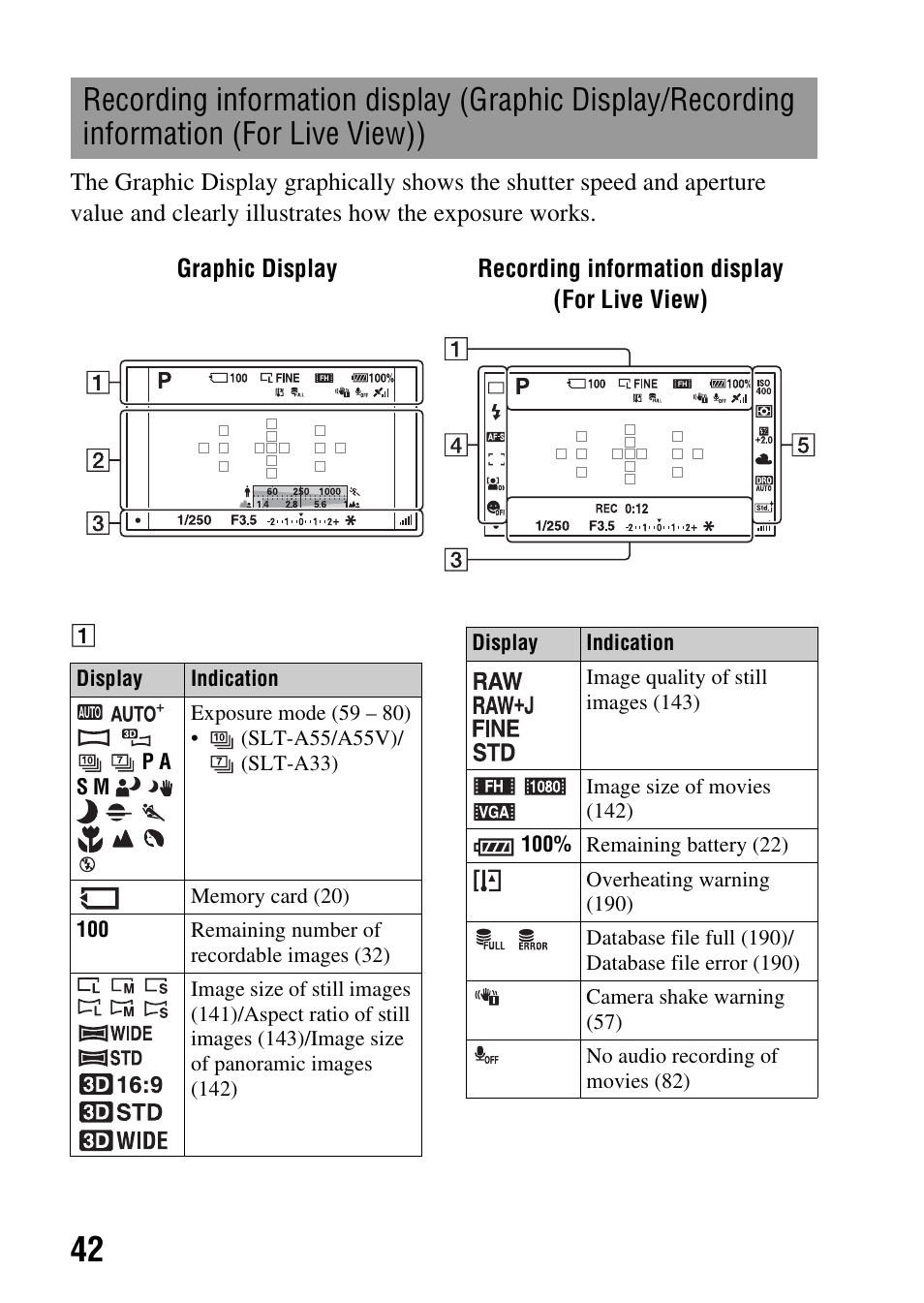 Recording information display (graphic display, Recording information (for live view)), R (42 | Sony a (alpha) SLT-A55VL User Manual | Page 42 / 203