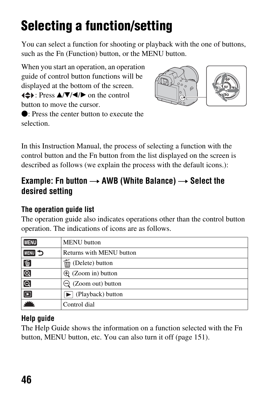 Selecting a function/setting, N (46), 46)/af | Sony a (alpha) SLT-A55VL User Manual | Page 46 / 203