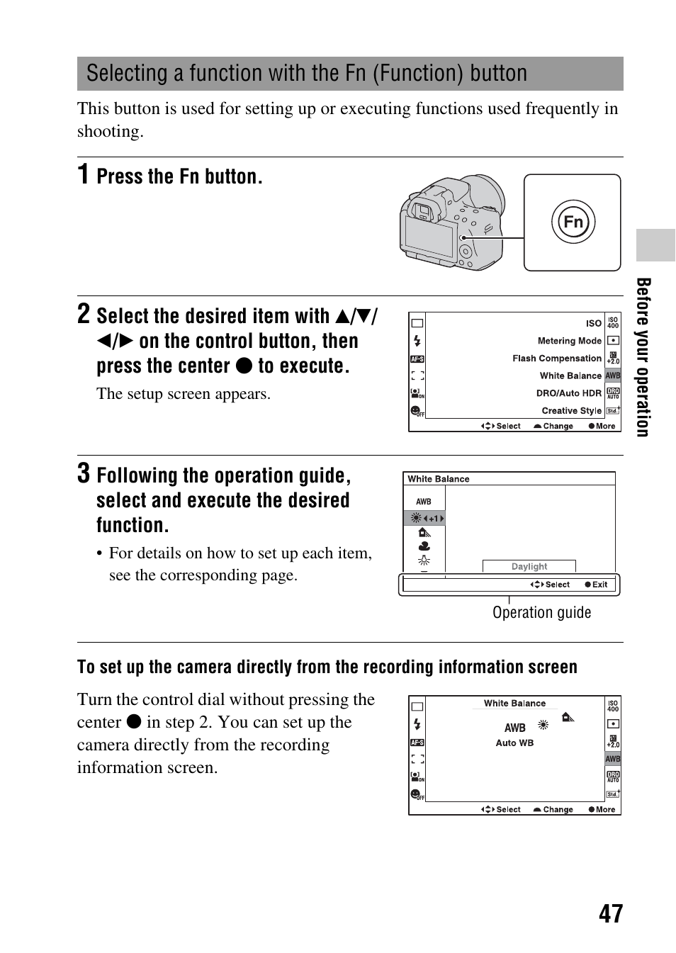 Selecting a function with the fn (function) button, N (47 | Sony a (alpha) SLT-A55VL User Manual | Page 47 / 203