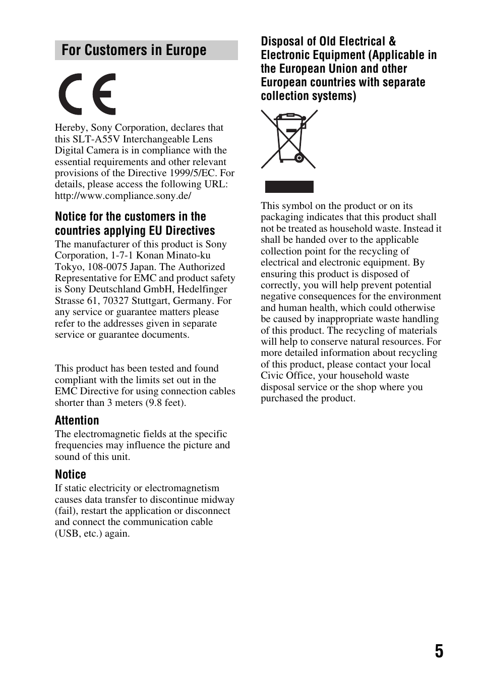 For customers in europe | Sony a (alpha) SLT-A55VL User Manual | Page 5 / 203