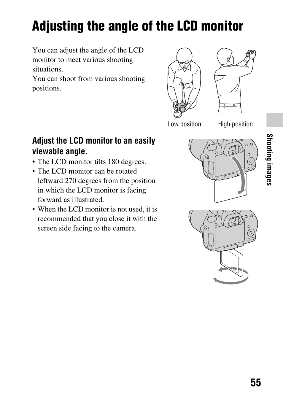 Shooting images, Adjusting the angle of the lcd monitor | Sony a (alpha) SLT-A55VL User Manual | Page 55 / 203