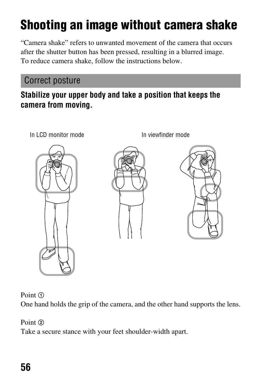 Shooting an image without camera shake, Correct posture | Sony a (alpha) SLT-A55VL User Manual | Page 56 / 203