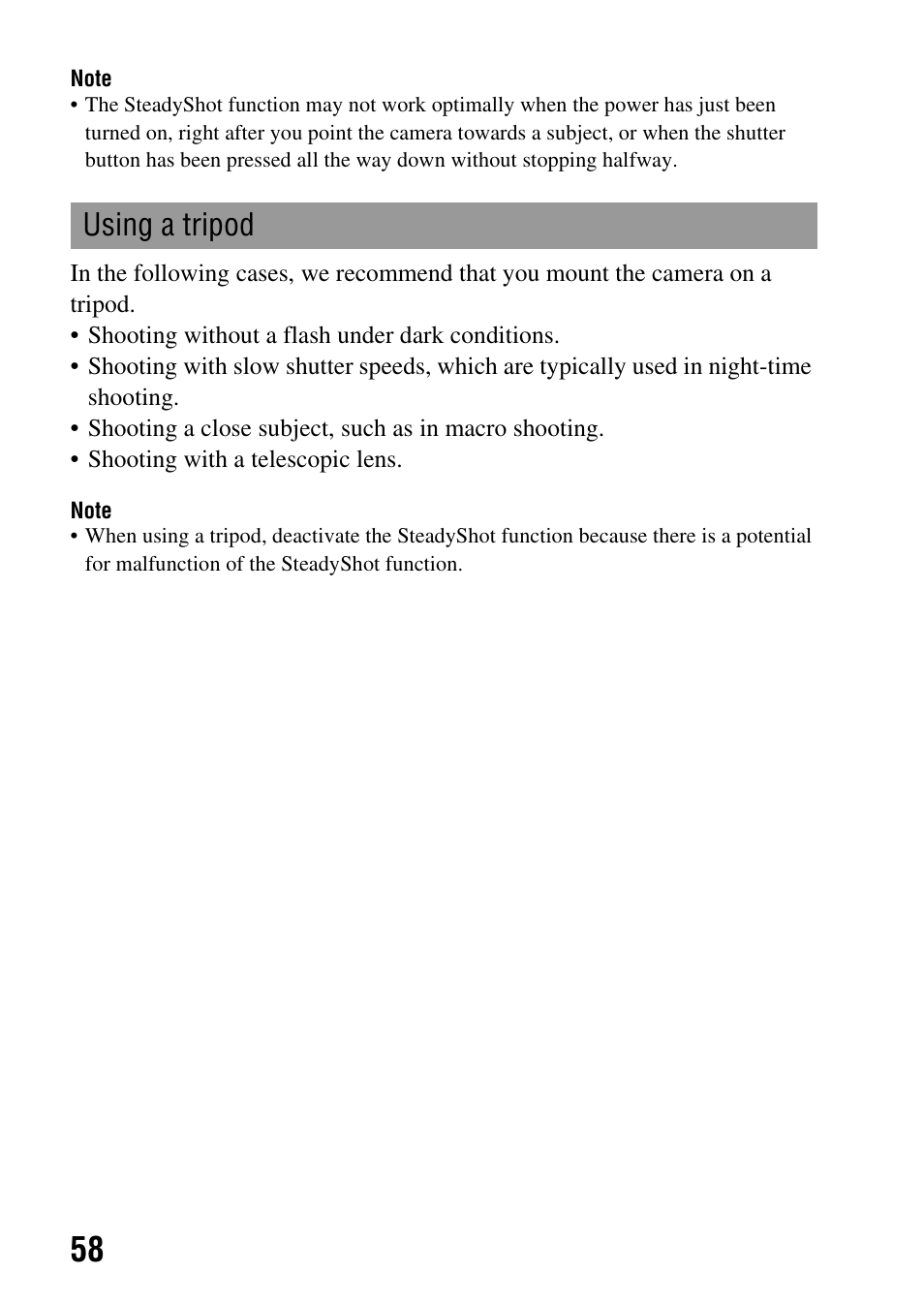 Using a tripod | Sony a (alpha) SLT-A55VL User Manual | Page 58 / 203