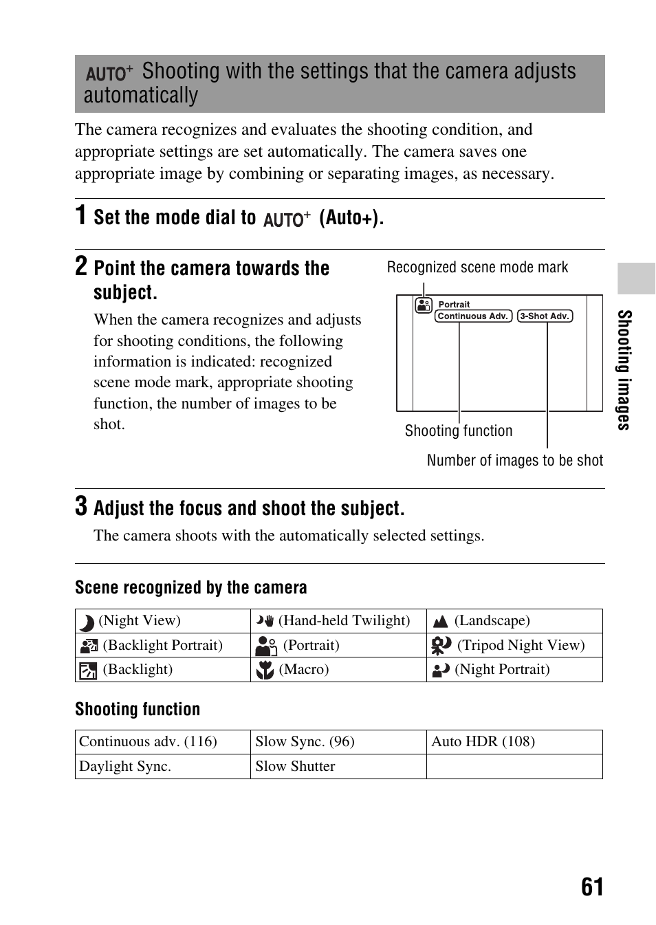 Shooting with the settings that the camera adjusts, Automatically | Sony a (alpha) SLT-A55VL User Manual | Page 61 / 203